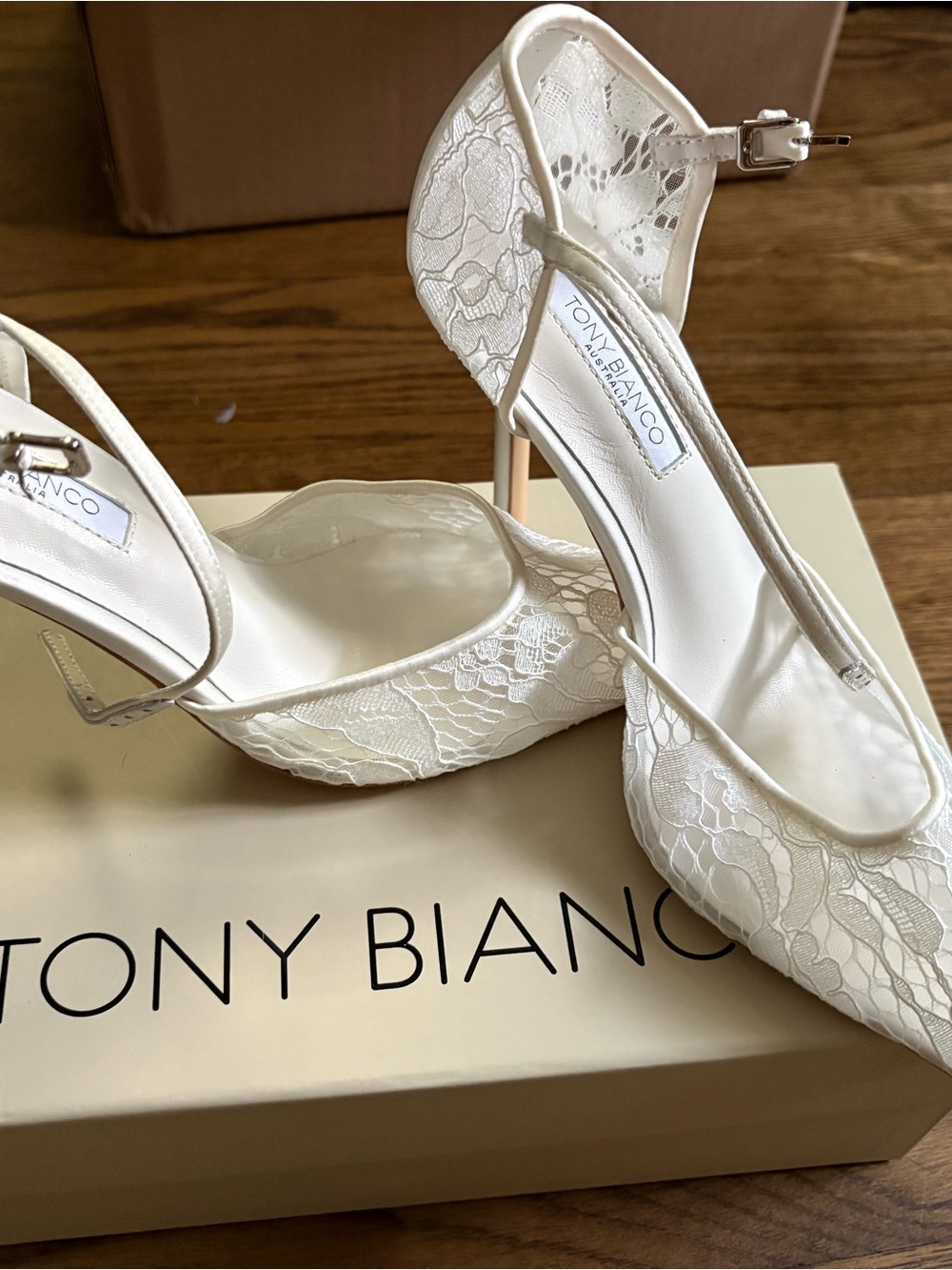 Tony Biiano Ivory Lace Ankle-Strap Pointed Heels.
